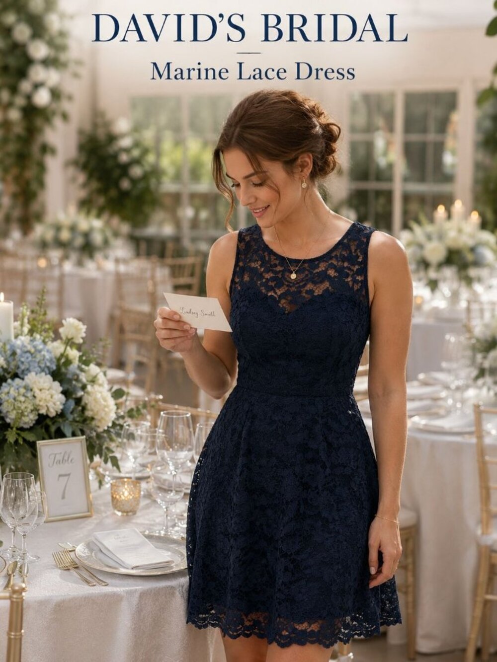 David’s Bridal Dress Size 6 Marine Navy Blue Lace Bridesmaid Cocktail Romantic